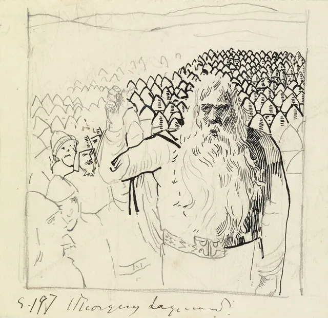 スノッリ・ストゥルルソン『ノルウェー王朝史』（クリスチャニア、1899年）の聖オーラヴのサガの挿絵のための準備習作：ウプサラの民会の法の宣言者トルグニュ