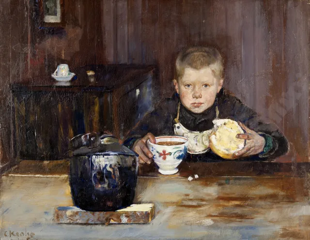 コーヒーを飲む使い走りの少年