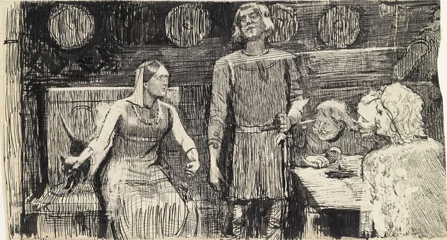 スノッリ・ストゥルルソン『ノルウェー王朝史』（クリスチャニア、1899年）の「エイリークの息子たちのサガ」の挿絵の異案