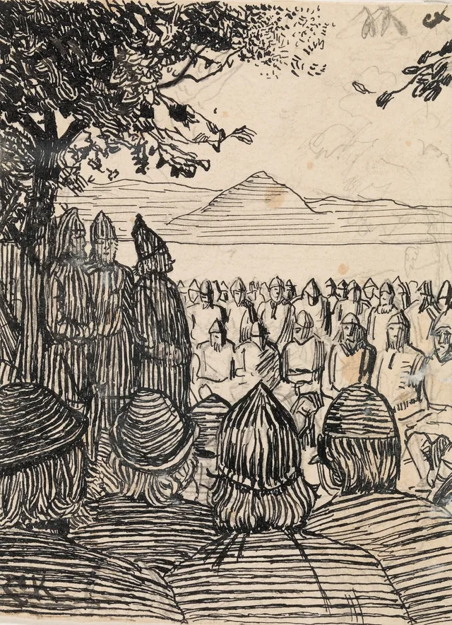 スノッリ・ストゥルルソン『ノルウェー王朝史』（クリスチャニア、1899年）の聖オーラヴのサガの挿絵の異案：ウプサラの民会の法の宣言者トルグニュ
