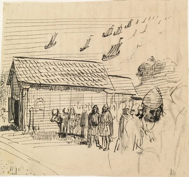 スノッリ・ストゥルルソン『ノルウェー王朝史』（クリスチャニア、1899年）の善王ホーコンのサガの挿絵の異案