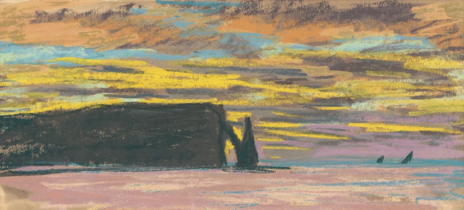 Aguja y Porte d'Aval, Étretat, puesta de sol, Claude Monet