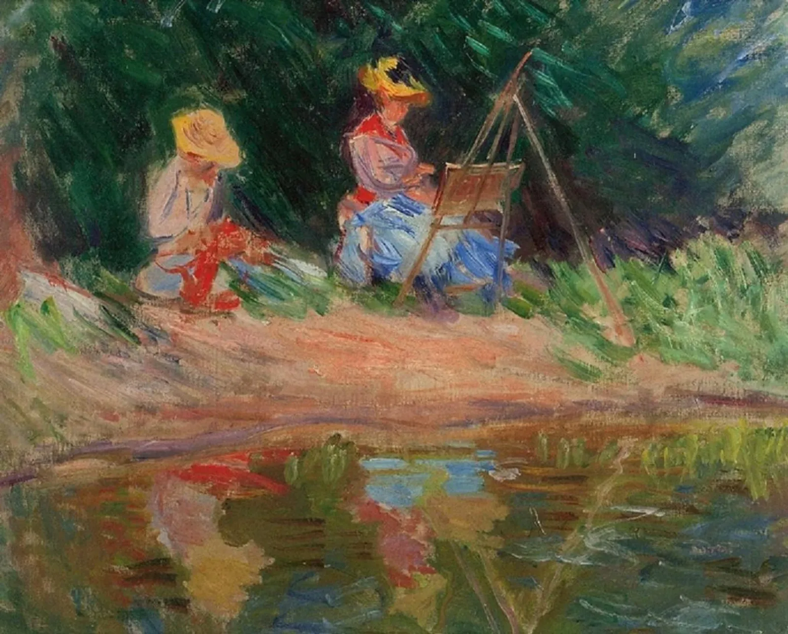 Blanche Monet peignant avec sa soeur Suzanne au bord de l'eau, Claude Monet