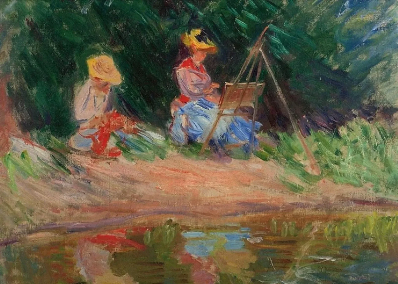 Blanche Monet peignant avec sa soeur Suzanne au bord de l'eau, Claude Monet