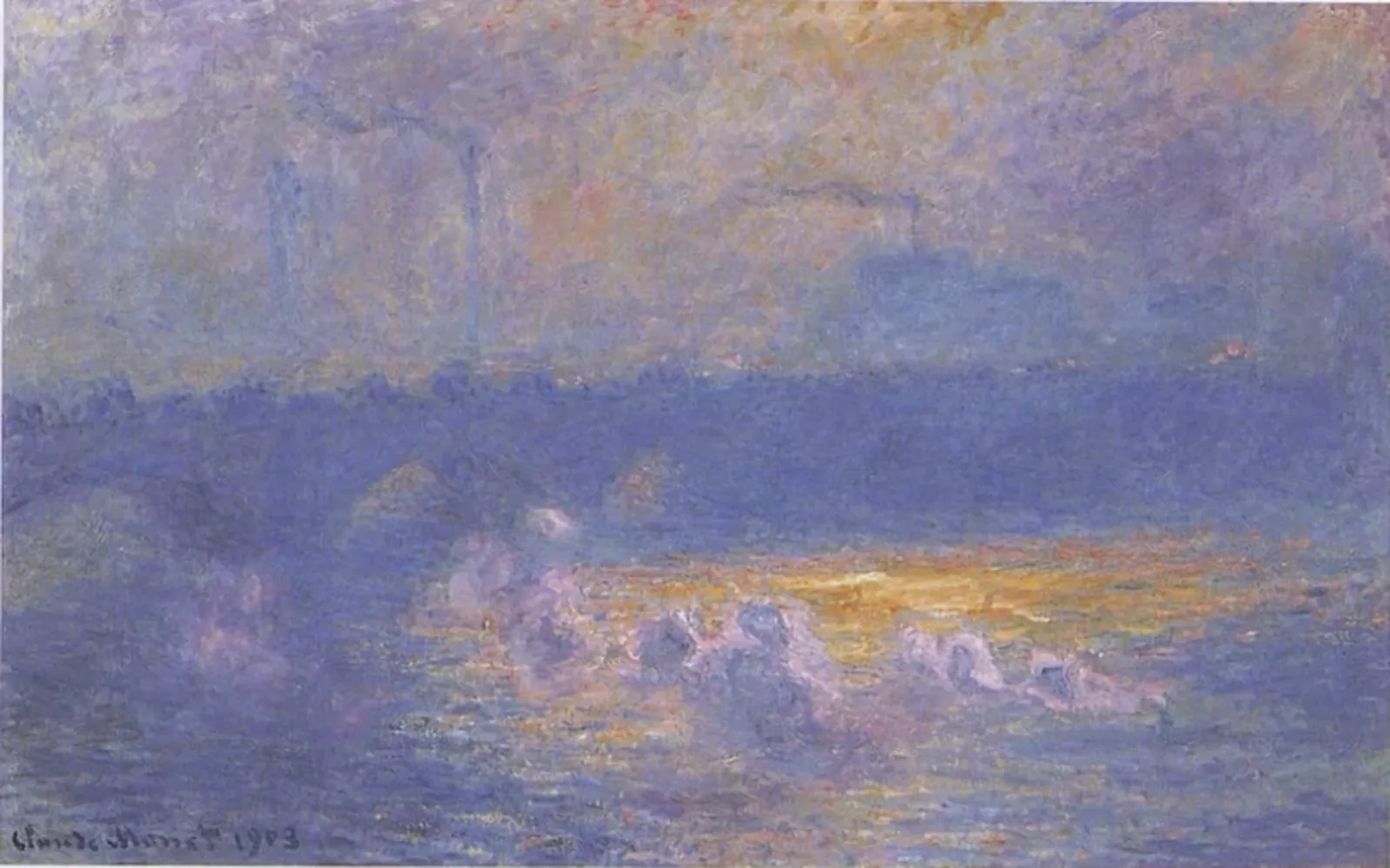Le pont de Waterloo, effet de soleil avec fumées, Claude Monet