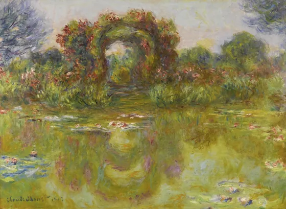 Bassin aux nymphéas, les rosiers