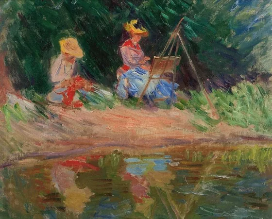 Blanche Monet peignant avec sa soeur Suzanne au bord de l'eau