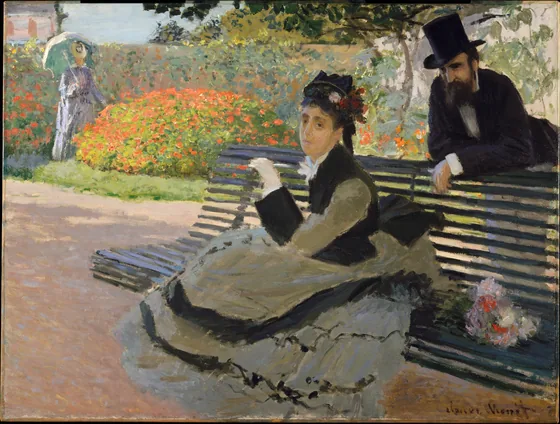 Camille Monet sur un banc de jardin