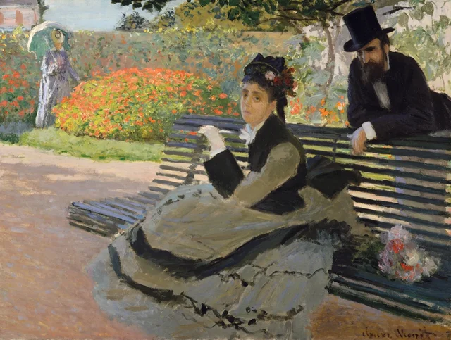 Camille Monet en un banco de jardín