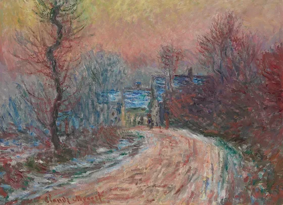 Entrée de Giverny en hiver, soleil couchant