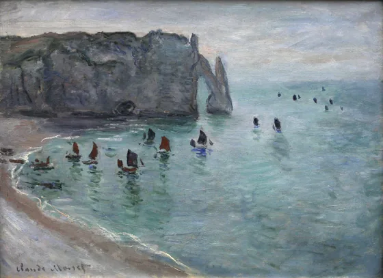 Étretat, la porte d'Aval : bateaux de pêche sortant du port