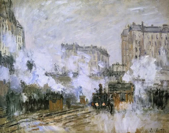 Extérieur de la gare Saint-Lazare, arrivée d'un train