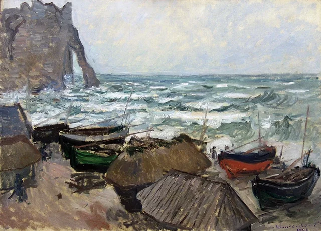Falaises et barques à Étretat, Claude Monet