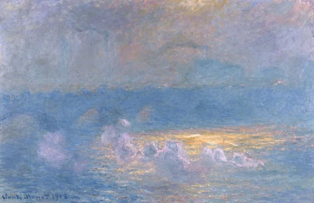 Le pont de Waterloo, effet de soleil avec fumées, Claude Monet