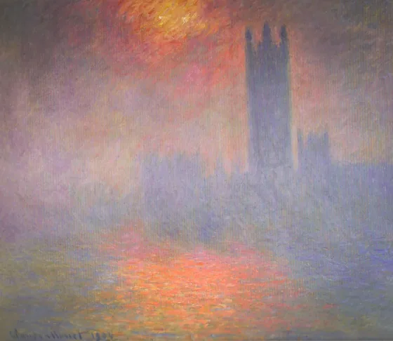 Londres, le Parlement. Trouée de soleil dans le brouillard