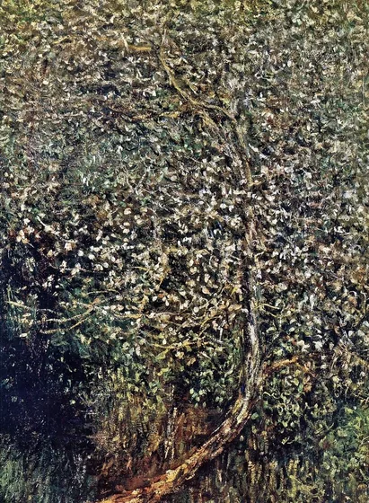 Pommiers en fleurs au bord de l'eau