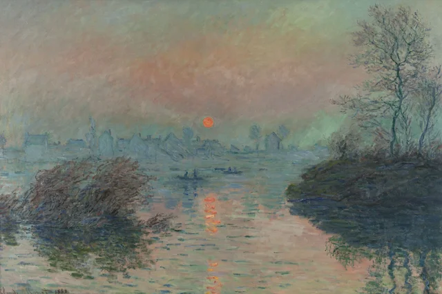 Puesta de sol sobre el Sena en Lavacourt, efecto de invierno