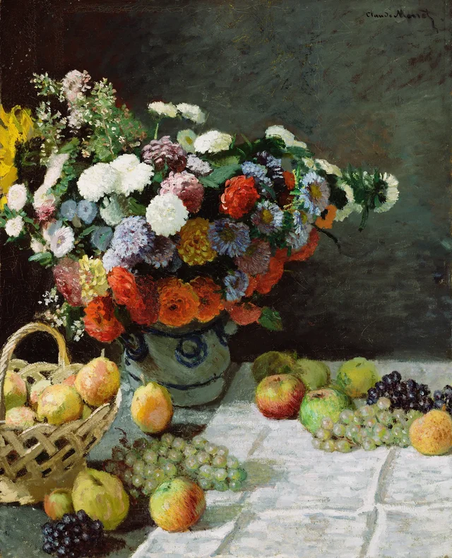Naturaleza muerta con flores y frutas