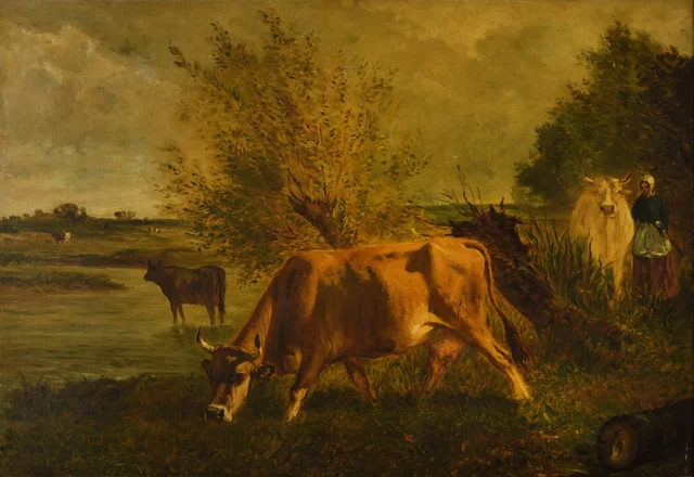 Vaca pastando junto a un río bordeado de sauces