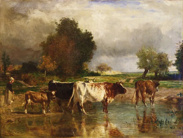 Cows and Calf at the Pond, Constant Troyon