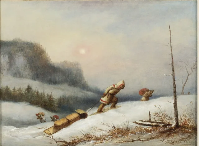 Caçadores indígenas subindo com seu acampamento de inverno, Cornelius Krieghoff