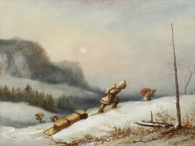 Tramperos amerindios en ascenso con su campamento de invierno, Cornelius Krieghoff