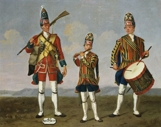 Grenadier, 49th Regiment of Foot, and Fifer and Drummer, Foot Guards, 1751, David Morier