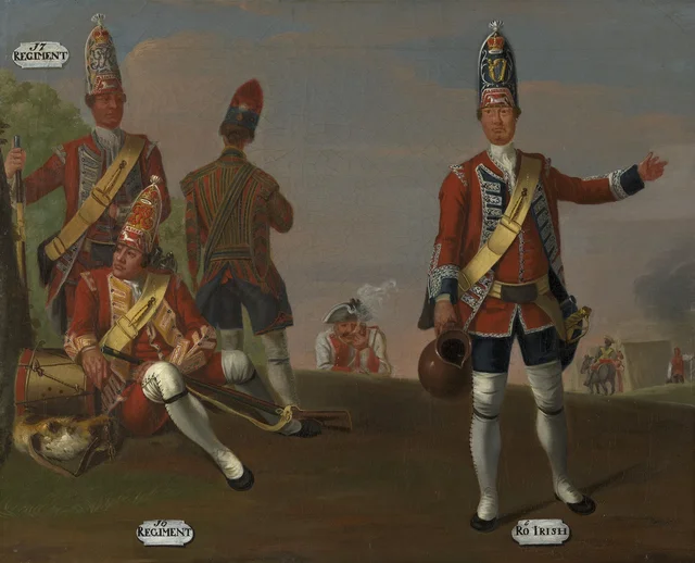 Grenadiers, 16th and 17th Regiments of Foot, and Grenadier and Drummer, 18th Royal Irish Regiment of Foot, 1751, David Morier