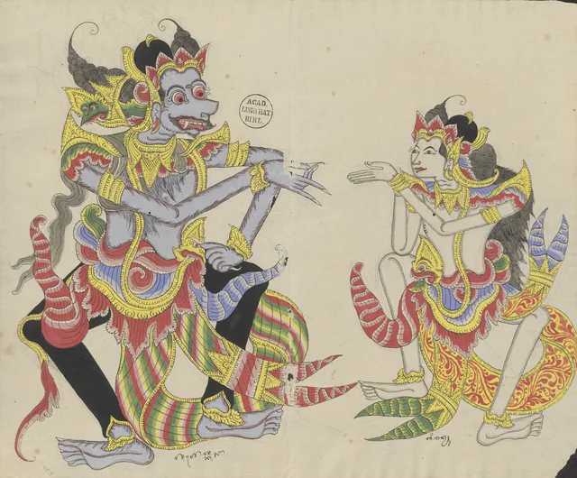 Abimanyu kneels in front of Gatotkaca, Dessins balinais de la collection Van der Tuuk