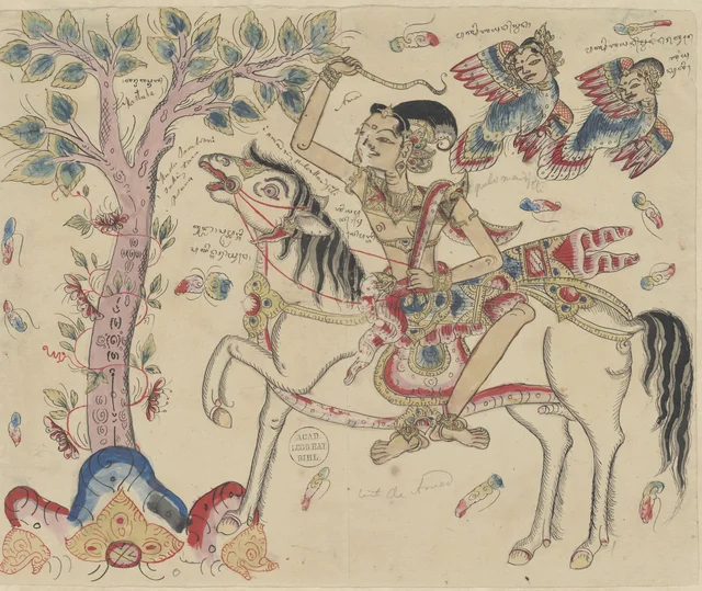 Amad, sobre su caballo Sambrani, frente a un árbol; dos pájaros beo echan a volar