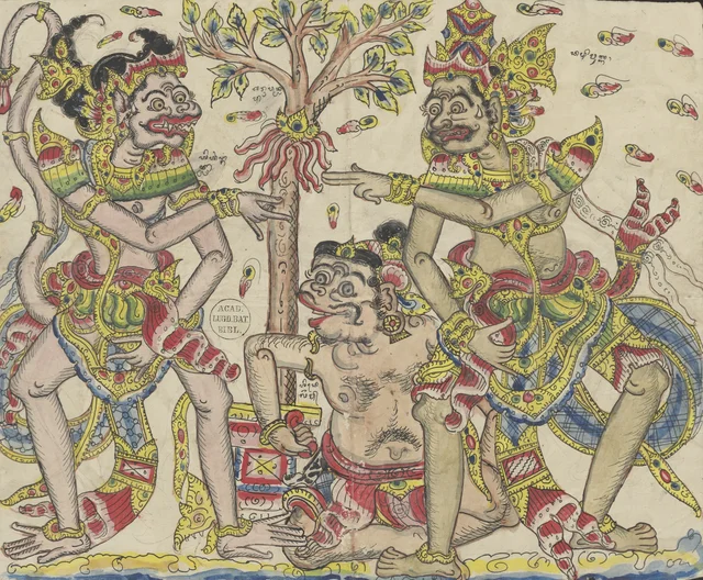 Anggada, sent as envoy, speaks to an angry Rawana, attended by Délem, Dessins balinais de la collection Van der Tuuk