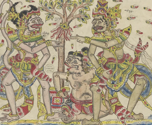 Anggada, enviado ante Rawana, le habla; Rawana está furioso, con Délem a su lado, Dibujos balineses de la colección Van der Tuuk