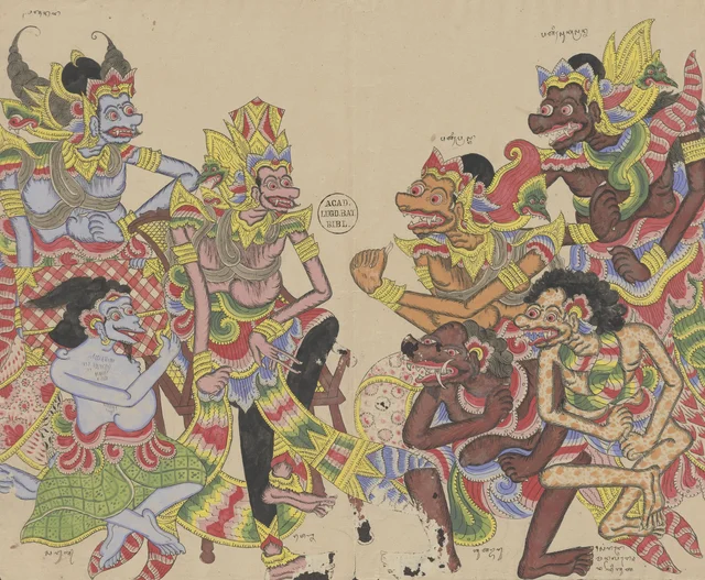 Anoman déguisé en démon rencontre Rawana devant sa cour, Dessins balinais de la collection Van der Tuuk