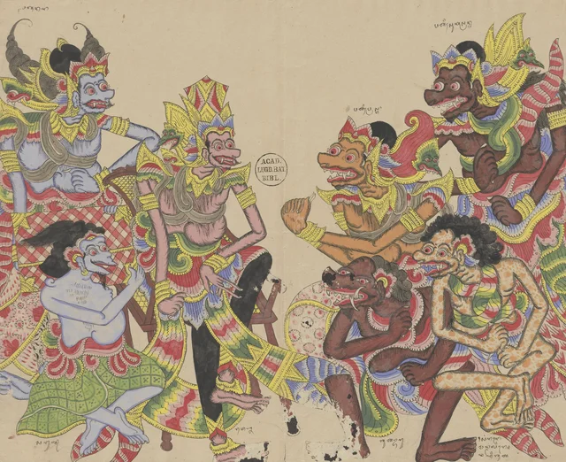 Anoman disfrazado de demonio se encuentra con Rawana ante su corte, Dibujos balineses de la colección Van der Tuuk