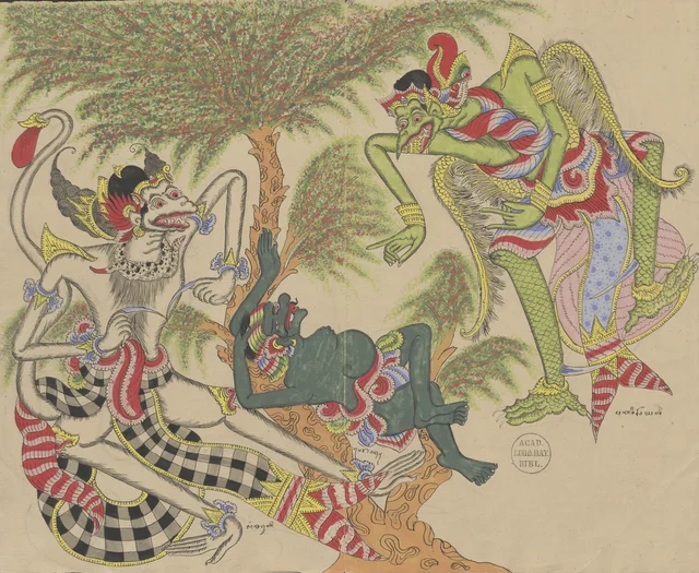 Rencontre d'Anoman, enchanté par Swayampraba, et de l'oiseau Sampati ; Mredah, couché, regarde depuis l'arbre, Dessins balinais de la collection Van der Tuuk