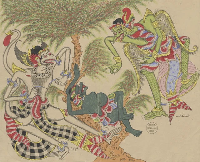 Encuentro de Anoman, hechizado por Swayampraba, y del pájaro Sampati; Mredah, tumbado, mira desde el árbol, Dibujos balineses de la colección Van der Tuuk