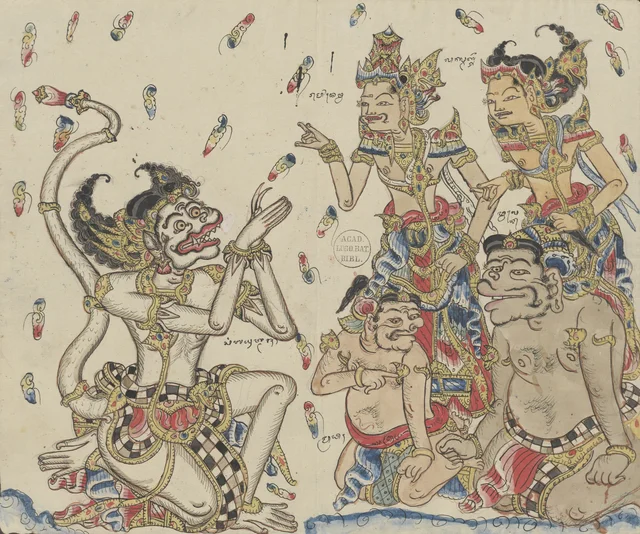 Anoman visits Rama and Laksmana; Mredah points at Twalén, Dessins balinais de la collection Van der Tuuk
