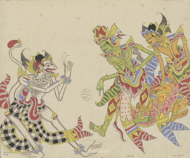 Anoman rend visite à Rama et Laksmana, envoyé par Sugriwa pour demander l'aide de Rama, Dessins balinais de la collection Van der Tuuk