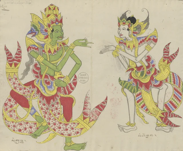 Arjuna honours Kresna with a sembah (a bow of the joined hands), Dessins balinais de la collection Van der Tuuk