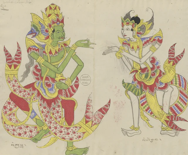 Arjuna saluda a Kresna con un sembah (gesto de respeto, con las manos juntas), Dibujos balineses de la colección Van der Tuuk