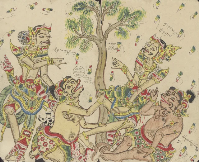 Aswatama parle à Duryodana, blessé à la cuisse ; les serviteurs Délem et Sangut sont près de lui, Dessins balinais de la collection Van der Tuuk