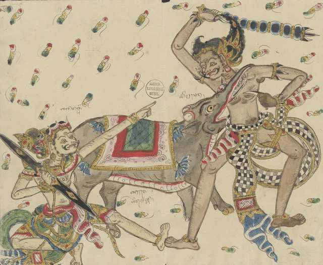Bima combat Bagadata, qui monte l'éléphant Irawana, Dessins balinais de la collection Van der Tuuk