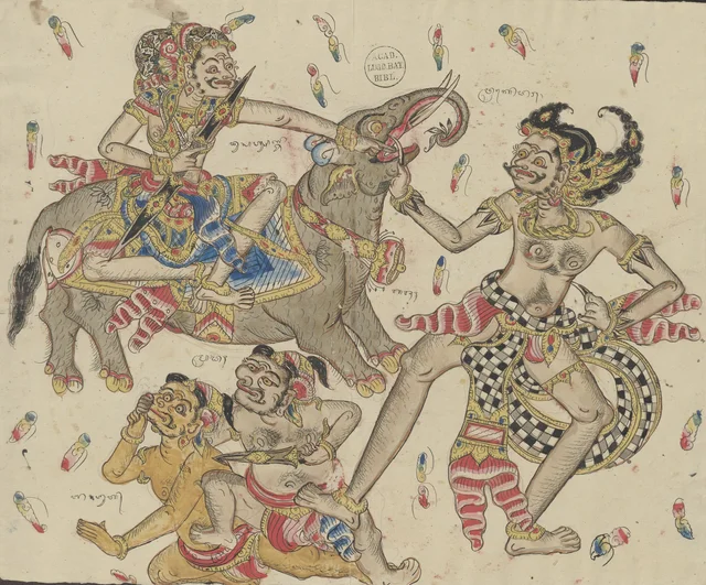 Bima combat Dusasana ; Sangut et Mredah se battent aussi, Dessins balinais de la collection Van der Tuuk