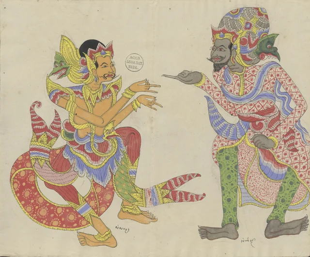 Bisma points something out to Salya, Dessins balinais de la collection Van der Tuuk