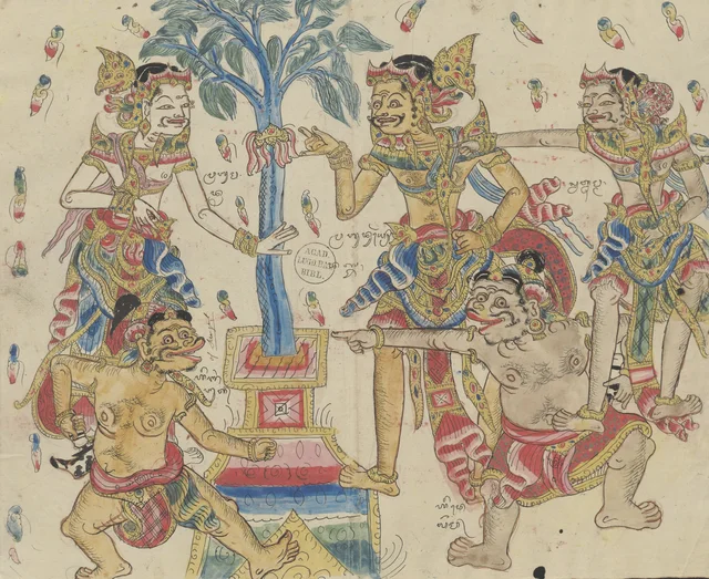 Encuentro de Duryodana, acompañado de Aswatama, y de Salya, con los sirvientes Delém y Sangut