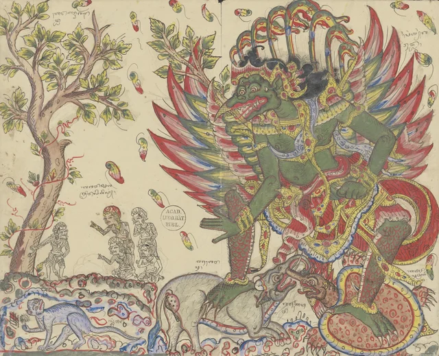 Garuda sostiene en sus garras al elefante Bawasu y a la tortuga Supratika; unos sabios conversan al pie de un árbol, Dibujos balineses de la colección Van der Tuuk
