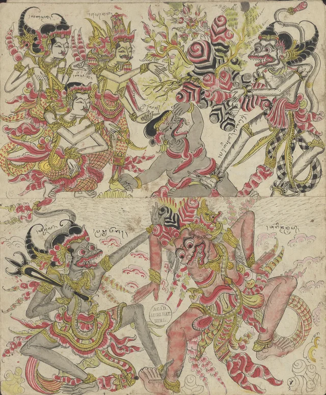 Des divinités regardent un singe arracher une plante en fleurs, tandis qu'un monstre gris au trident combat un démon rose dans le ciel