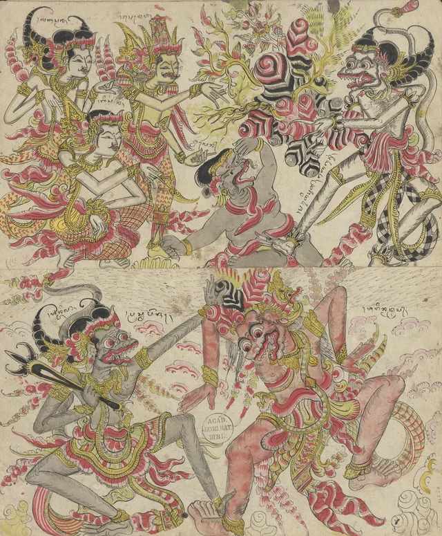 Unas divinidades miran a un mono arrancar una planta en flor, mientras un monstruo gris con tridente combate con un demonio rosa en el cielo