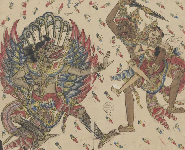 Jatayu combate con Rawana, que ha raptado a Sita