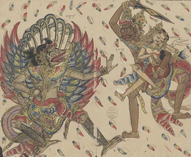 Jatayu combat Rawana, qui a enlevé Sita, Dessins balinais de la collection Van der Tuuk